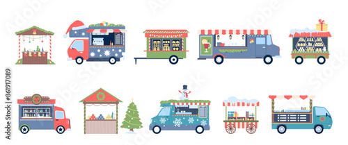 Christmas market stall. Flat outdoor shop kiosks and stalls. New year and winter holidays wooden stands with food, drinks presents, recent vector set