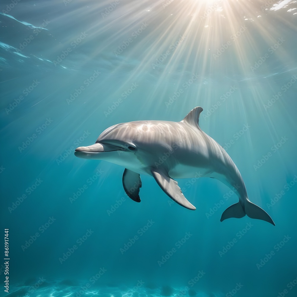Obraz premium A pristine, white-colored dolphin smoothly navigating through a turquoise blue, sunlit underwater realm, creating a serene and captivating display background