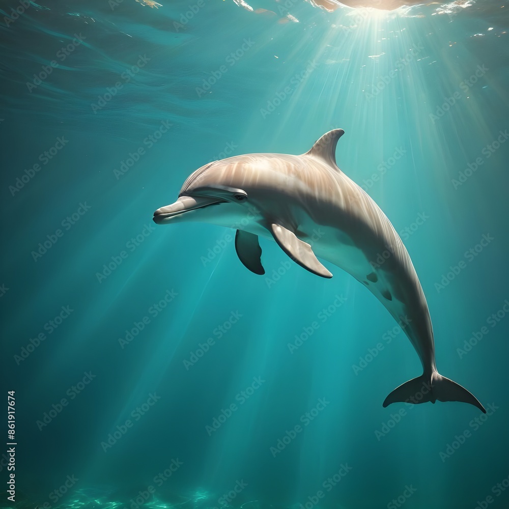 Obraz premium A pristine, white-colored dolphin smoothly navigating through a turquoise blue, sunlit underwater realm, creating a serene and captivating display background