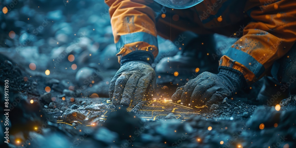 Mining for Mystical Treasures: Worker Discovering Glowing Minerals in Dark Rocky Terrain Mining for Mystical Treasures: Worker Discovering Glowing Minerals in Dark Rocky Terrain