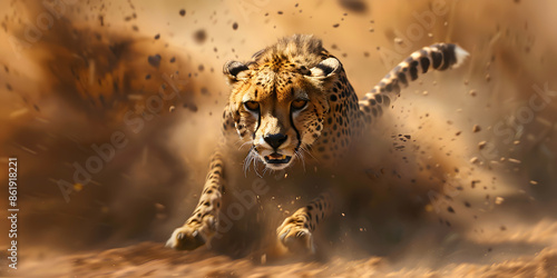 Running cheetah in clouds of dust