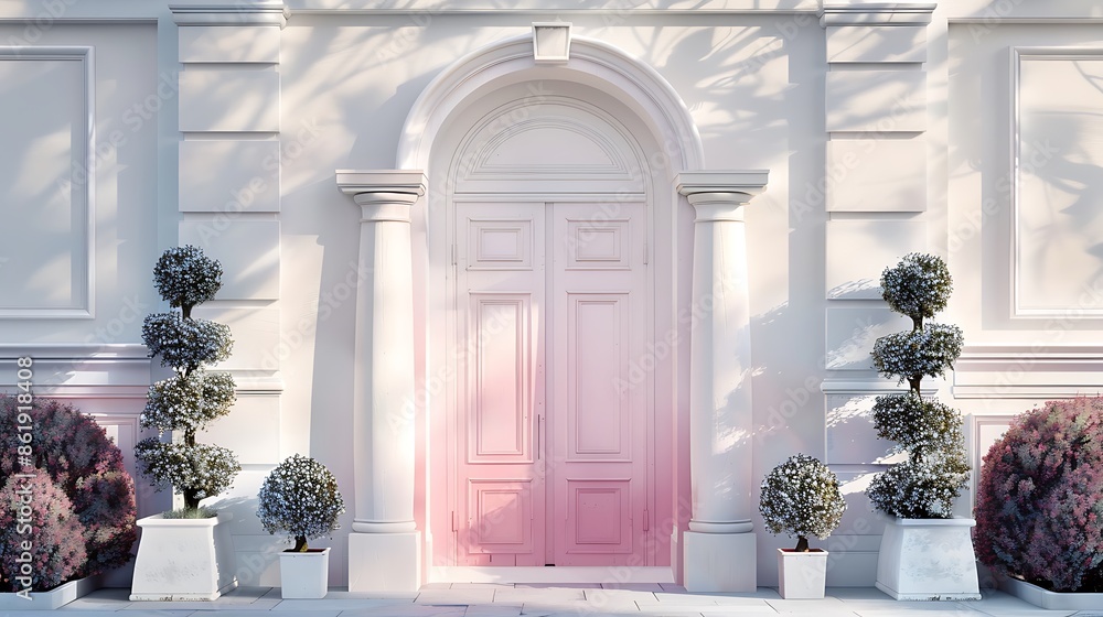 door painted in a gradient from pale pink to deep rose, framed by a classical white archway and flanked by topiaries door painted in a gradient from pale pink to deep rose, framed by a classical white archway and flanked by topiaries