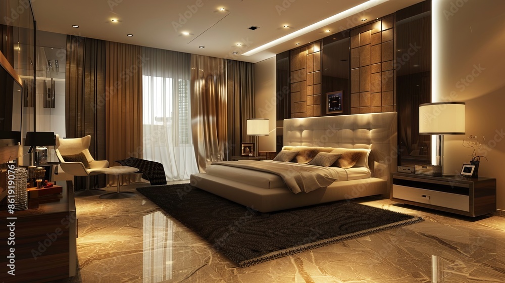 Fototapeta premium bedroom modern interior design, luxury hotel room, luxury apartment comfortable suite lounge