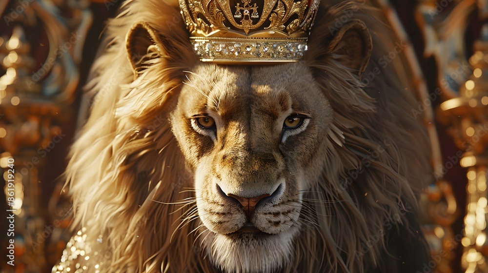 Lion king wearing the golden crown on his head isolated , Portrait Wildlife animal , generative ai Lion king wearing the golden crown on his head isolated , Portrait Wildlife animal , generative ai