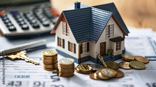 Financial Planning with House Model and Coins on Documents, Lone Individual Calculating Investment Returns, Generative AI