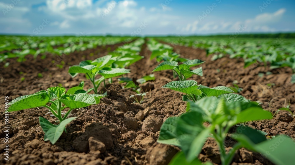 Rows of green soybean at idyllic sunset. Perfect agriculture fields as industry standard in harvest season. High quality photo Rows of green soybean at idyllic sunset. Perfect agriculture fields as industry standard in harvest season. High quality photo