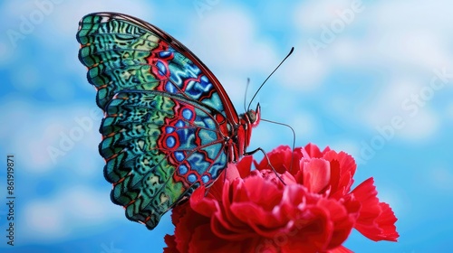 A butterfly with wings that display a detailed mandala pattern in blue and green, resting on a red carnation, against a sky blue background