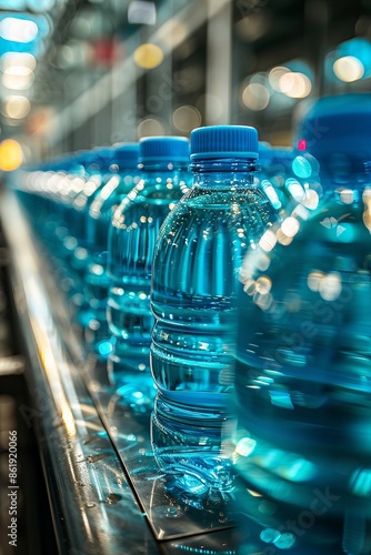 Blue Plastic Bottles in Industrial Bottling Factory Plant Focus on Assembly Line photo