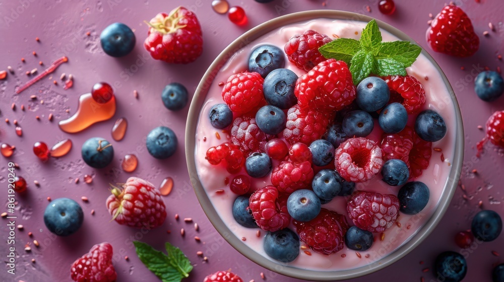 Bowl of berries and blueberries on a pink surface, Food background Bowl of berries and blueberries on a pink surface, Food background