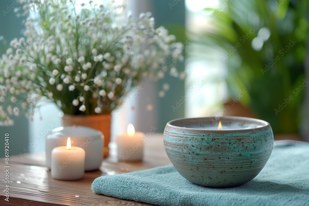 Beautiful spa composition with candles and flowers on wooden table in room Beautiful spa composition with candles and flowers on wooden table in room