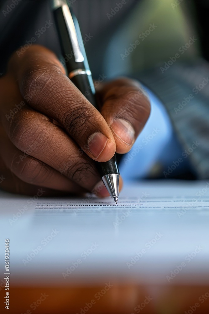 Close-up of a Hand Writing with Pen on Paper in Professional Setting Close-up of a Hand Writing with Pen on Paper in Professional Setting