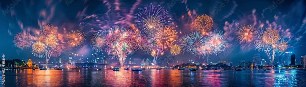 Panoramic view of a spectacular fireworks display lighting up the night sky over a cityscape by the water, reflecting colorful lights.