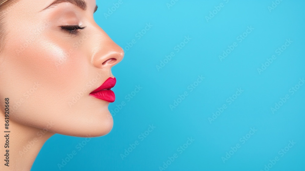 Profile Close-Up of Woman with Red Lipstick and Smooth Skin on Blue Background. Studio Shot Highlighting Elegant Makeup and Soft Facial Features. Captivating Image Ideal for Beauty and Cosmetic Advert Profile Close-Up of Woman with Red Lipstick and Smooth Skin on Blue Background. Studio Shot Highlighting Elegant Makeup and Soft Facial Features. Captivating Image Ideal for Beauty and Cosmetic Advert