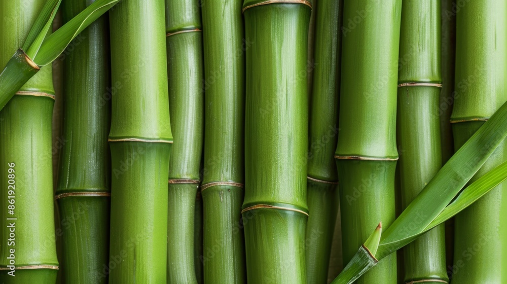 Close-up view of smooth green bamboo stalks arranged vertically with fresh leaves. The image highlights the glossy texture and vibrant green color of the bamboo in a natural setting Close-up view of smooth green bamboo stalks arranged vertically with fresh leaves. The image highlights the glossy texture and vibrant green color of the bamboo in a natural setting