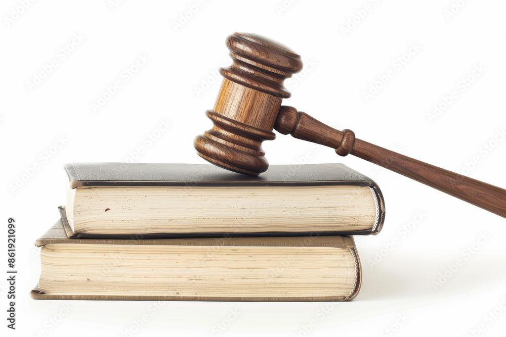 Judge's gavel resting on law books, white background. Justice, law and authority symbol. Legal services, court-related articles and judicial concepts. Judge's gavel resting on law books, white background. Justice, law and authority symbol. Legal services, court-related articles and judicial concepts.