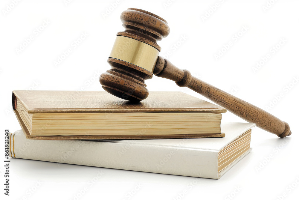 Judge's gavel resting on law books, white background. Justice, law and authority symbol. Legal services, court-related articles and judicial concepts. Judge's gavel resting on law books, white background. Justice, law and authority symbol. Legal services, court-related articles and judicial concepts.