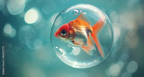 Goldfish Swimming in a Bubble in a Blue Tank