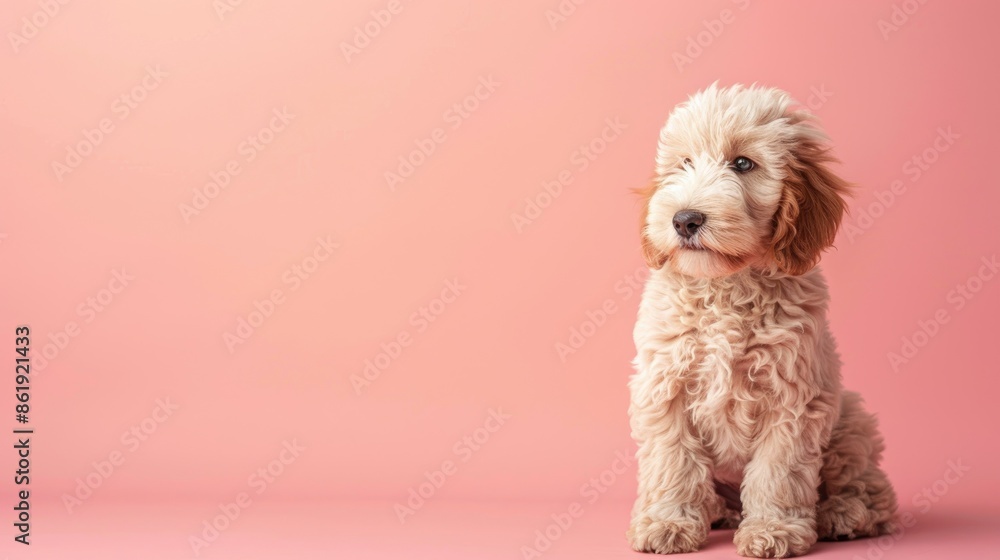 Labradoodle puppy on pink background with copy space Labradoodle puppy on pink background with copy space