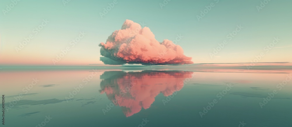 Delicate pink cloud floats over a calm blue ocean, reflecting on the surface. Delicate pink cloud floats over a calm blue ocean, reflecting on the surface.