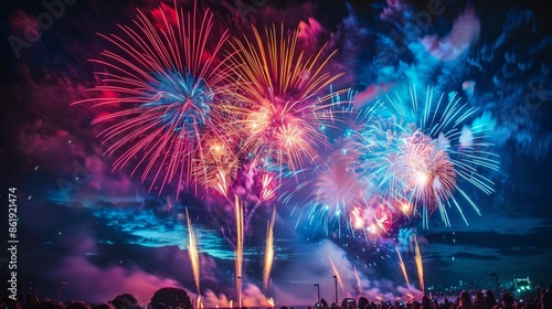 Vibrant fireworks display lighting up the night sky, captivating crowd below. Colorful bursts create a magnificent celebration atmosphere. © ngstock