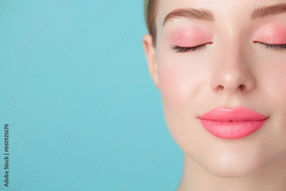Obraz premium Close-Up of Woman's Face with Pink Lipstick and Closed Eyes on Blue Background. Studio Shot of Smooth Skin and Elegant Makeup. Captivating Image Highlighting Lips and Eye Makeup. Ideal for Beauty and 