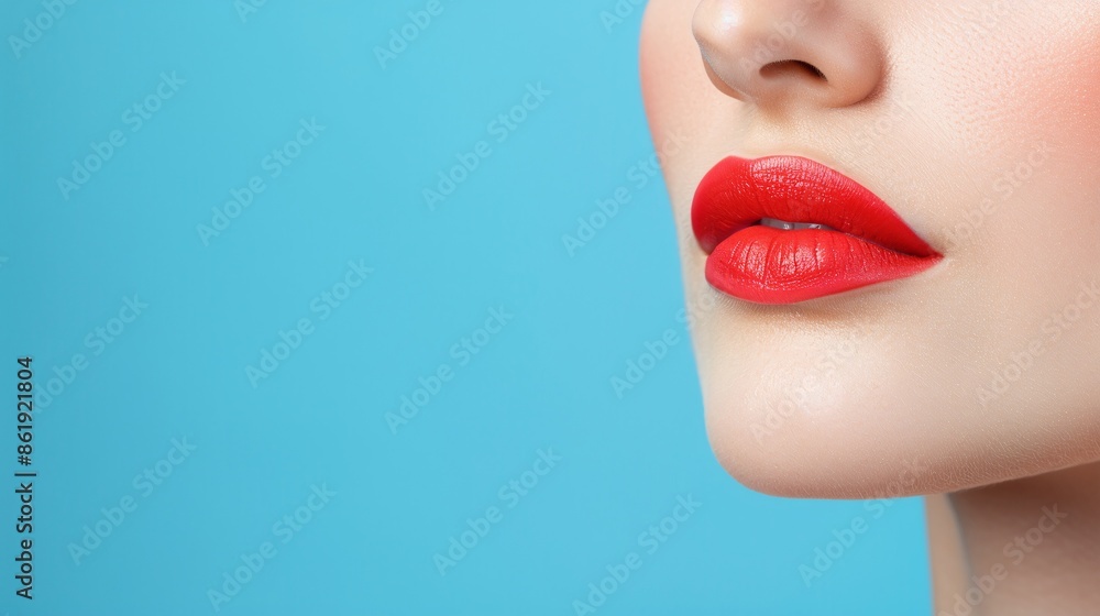 Close-Up of Woman's Lips with Red Lipstick on Blue Background. Studio Shot Highlighting Bold and Perfect Lips. Ideal for Beauty and Cosmetic Advertising. Captivating Image for Lipstick Promotions and Close-Up of Woman's Lips with Red Lipstick on Blue Background. Studio Shot Highlighting Bold and Perfect Lips. Ideal for Beauty and Cosmetic Advertising. Captivating Image for Lipstick Promotions and