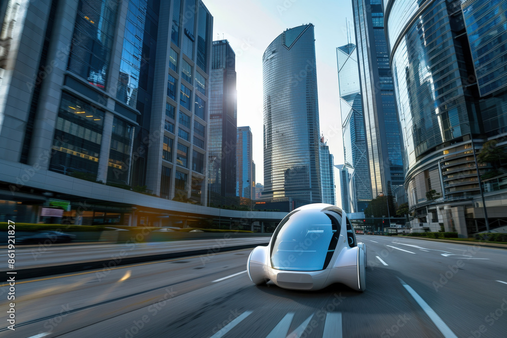 Sleek self-driving car speeds through a city, surrounded by skyscrapers. Powered by clean energy, it symbolizes cutting-edge transportation tech Sleek self-driving car speeds through a city, surrounded by skyscrapers. Powered by clean energy, it symbolizes cutting-edge transportation tech