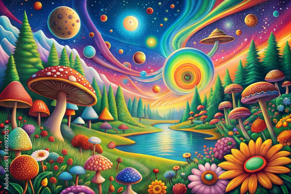 A vibrant and psychedelic fantasy landscape featuring colorful mushrooms, flowers, and a swirling sky with planets. The imaginative scene combines elements of nature and outer space A vibrant and psychedelic fantasy landscape featuring colorful mushrooms, flowers, and a swirling sky with planets. The imaginative scene combines elements of nature and outer space
