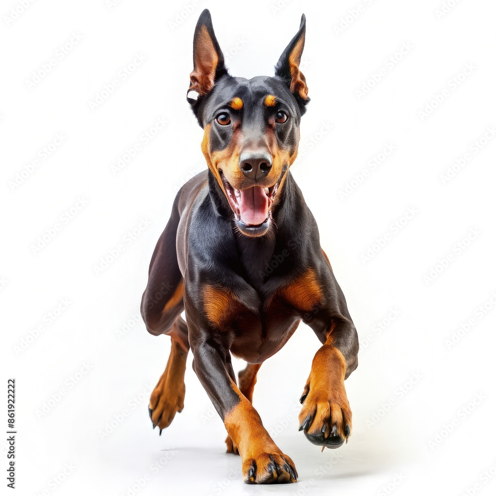 Black And Tan Doberman Pinscher Dog Running On A White Background. Generative AI Black And Tan Doberman Pinscher Dog Running On A White Background. Generative AI