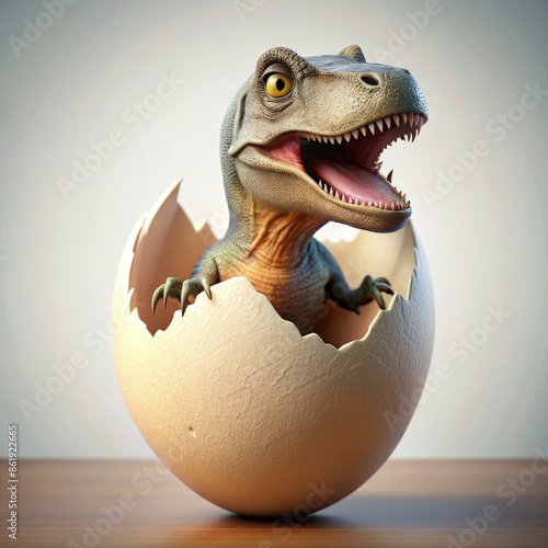 Baby T-Rex Hatchling Emerging From Eggshell in Evangelion Style. Generative AI photo