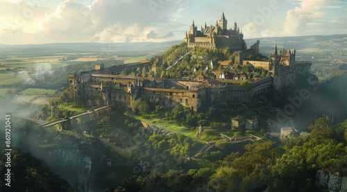 A Majestic Medieval Castle Perched on a Hilltop at Sunset