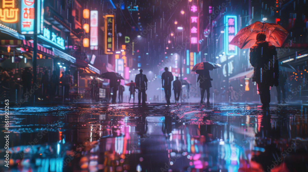 Night falls over a futuristic cityscape, where neon lights bathe the wet streets in a spectrum of colors. Night falls over a futuristic cityscape, where neon lights bathe the wet streets in a spectrum of colors.