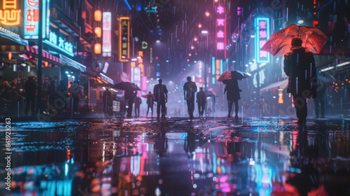 Night falls over a futuristic cityscape, where neon lights bathe the wet streets in a spectrum of colors. 