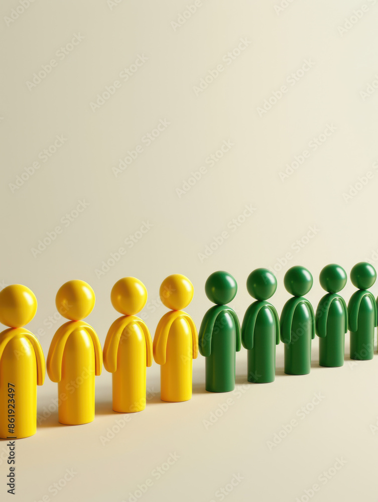 Rows of Yellow and Green Game Pieces Symbolizing Teamwork and Individuality. Rows of Yellow and Green Game Pieces Symbolizing Teamwork and Individuality.