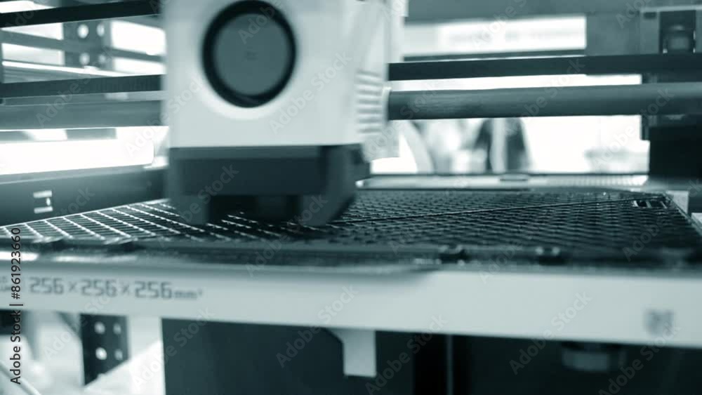 3D printer close up. A working 3D printer in process of printing object from molten plastic. 3D printer creating model by flowing liquid plastic from an extruder of printer. 3D printing technology 3D printer close up. A working 3D printer in process of printing object from molten plastic. 3D printer creating model by flowing liquid plastic from an extruder of printer. 3D printing technology