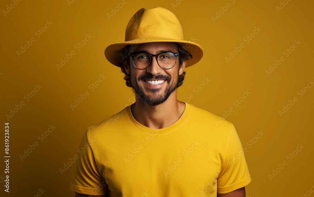 A man smiles while wearing a yellow hat and t-shirt. He stands in front of a yellow background A man smiles while wearing a yellow hat and t-shirt. He stands in front of a yellow background