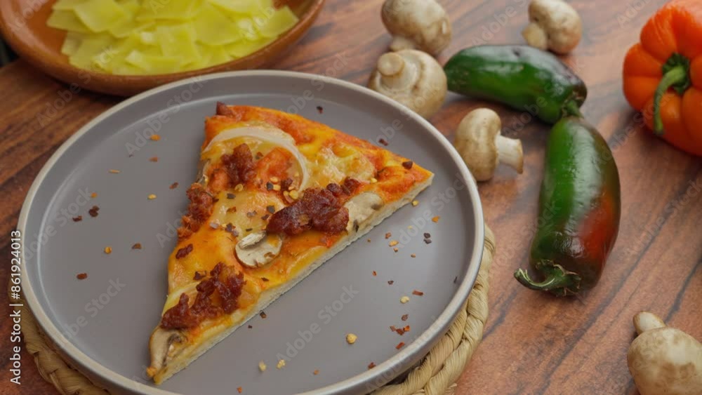 Crushed red pepper flakes falling on a slice of pizza Crushed red pepper flakes falling on a slice of pizza