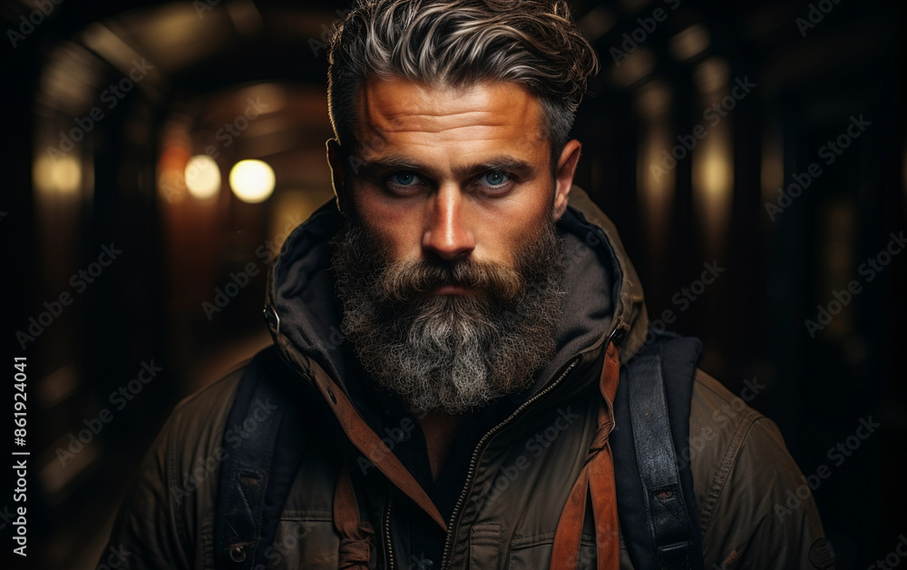 Obraz premium A man with a long beard and a dark jacket stands in a dimly lit alley