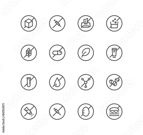 Set of allergen related icons, gluten free, hormone, medicine, pill, wet wipes, fast food, wheat annd linear variety vectors.	
