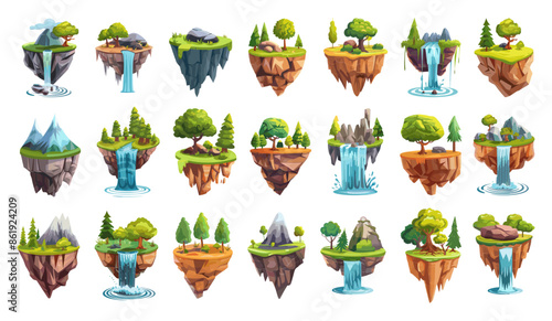 Cartoon Flying Fantasy Islands with Different Biomes Icon Set. White Background Simple Style Floating Lands Illustrations Magical World Collection Fantasy Landscapes Clipart