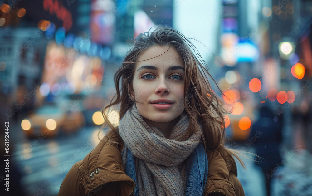 A young woman walks through the busy streets of New York City, wearing a brown jacket and a scarf as the wind whips through her hair A young woman walks through the busy streets of New York City, wearing a brown jacket and a scarf as the wind whips through her hair