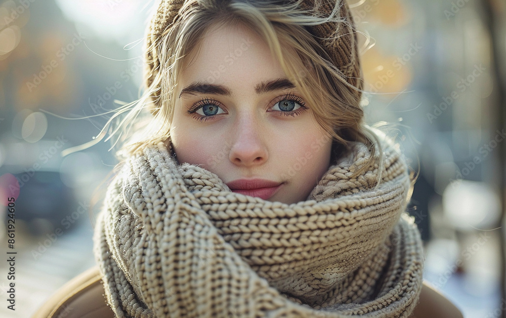 A young woman with blonde hair, wearing a knitted scarf, looks directly at the camera. She is outside on a winter day A young woman with blonde hair, wearing a knitted scarf, looks directly at the camera. She is outside on a winter day