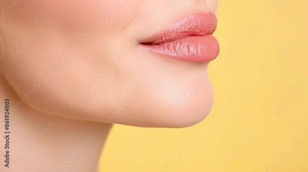 Obraz premium Close-Up of Natural Lips on Yellow Background, Soft and Nude Lip Color, Beauty and Makeup Concept, Minimalist and Elegant Look, Focus on Natural Lips, Yellow Themed Portrait