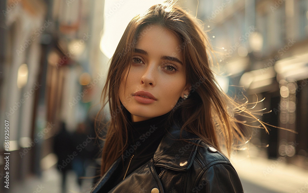 Fototapeta premium A young woman with long brown hair walks down a city street while wearing a black leather jacket and looking directly at the camera