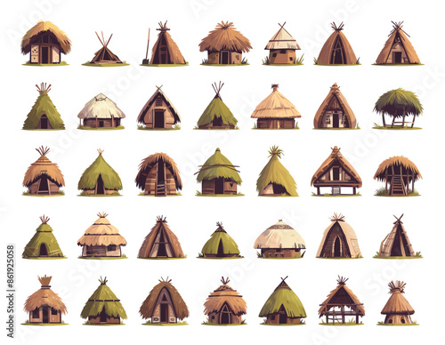Cartoon Huts of Ancient People Icon Set. White Background Primitive Dwellings Prehistoric Shelters Collection Stone Age Architecture Historic Living Spaces Tribal Settlements