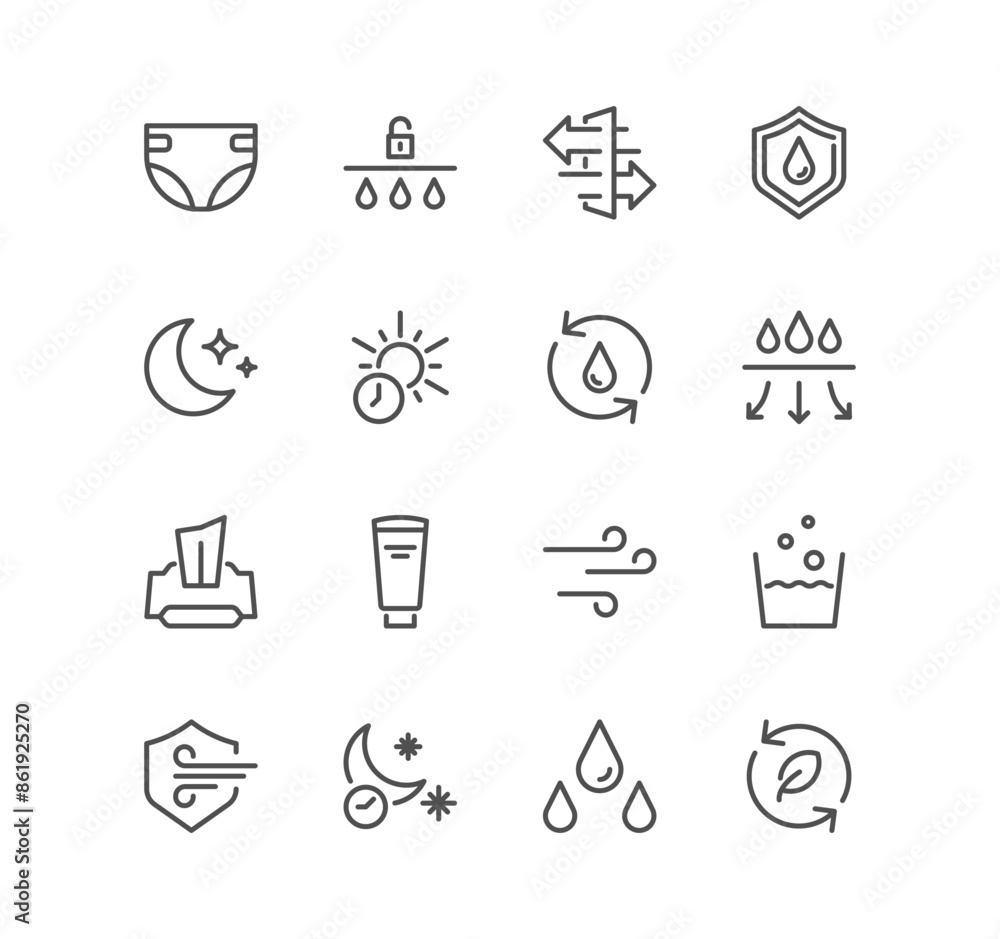 Set of diaper and baby pants feature icons, absorption, breathable, cotton, nappy and linear variety vectors.
Set of diaper and baby pants feature icons, absorption, breathable, cotton, nappy and linear variety vectors.