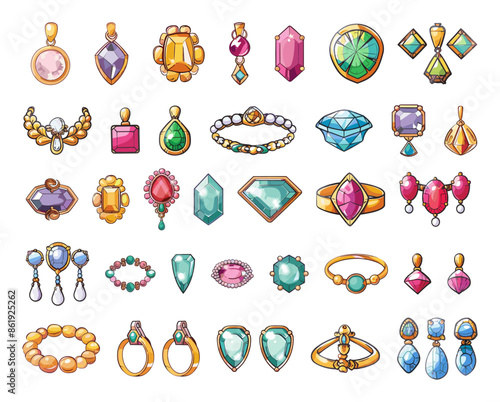 Cartoon Luxury Jewelry Icon Set. White Background Simple Style High-End Accessories Precious Gemstones Collection Fashionable Ornaments Expensive Rings Necklaces Earrings Bracelets