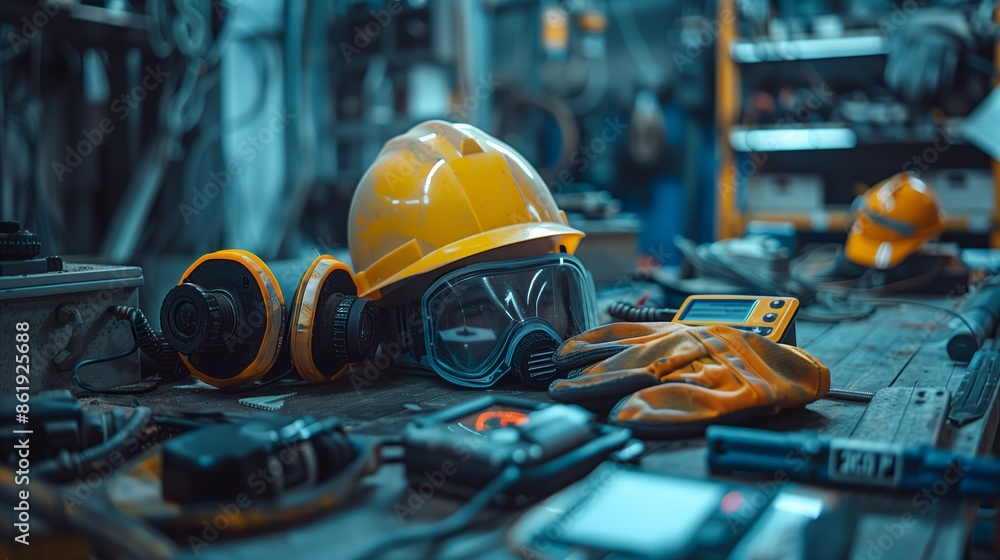High-Tech Mining Safety Equipment Laid Out on Table High-Tech Mining Safety Equipment Laid Out on Table