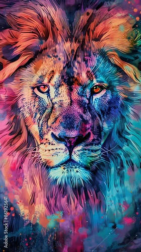 Colorful and vibrant lion portrait with abstract background, illustration art. Wildlife and creativity concept