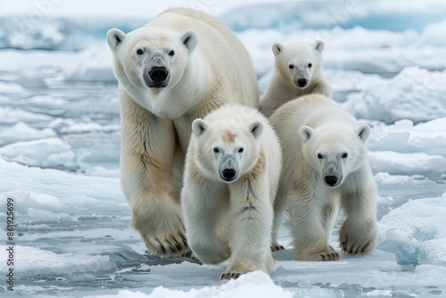 A polar bear mother leads her two cubs across a vast expanse of frozen Arctic sea ice. Generative AI © Azhorov